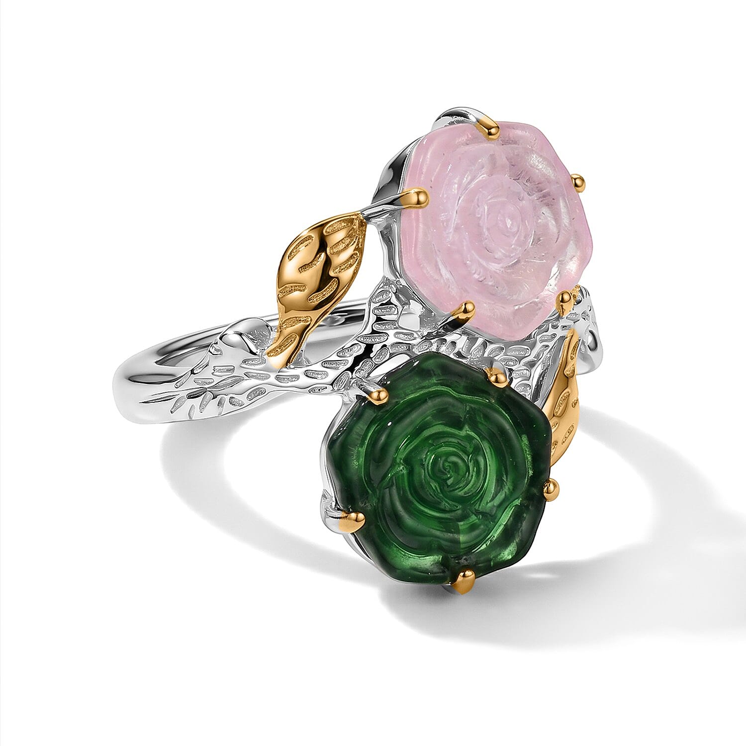GP Pink and Green Murano Style Floral Ring in 18K Vermeil YG and Rhodium Over Sterling Silver (Size 6.0)