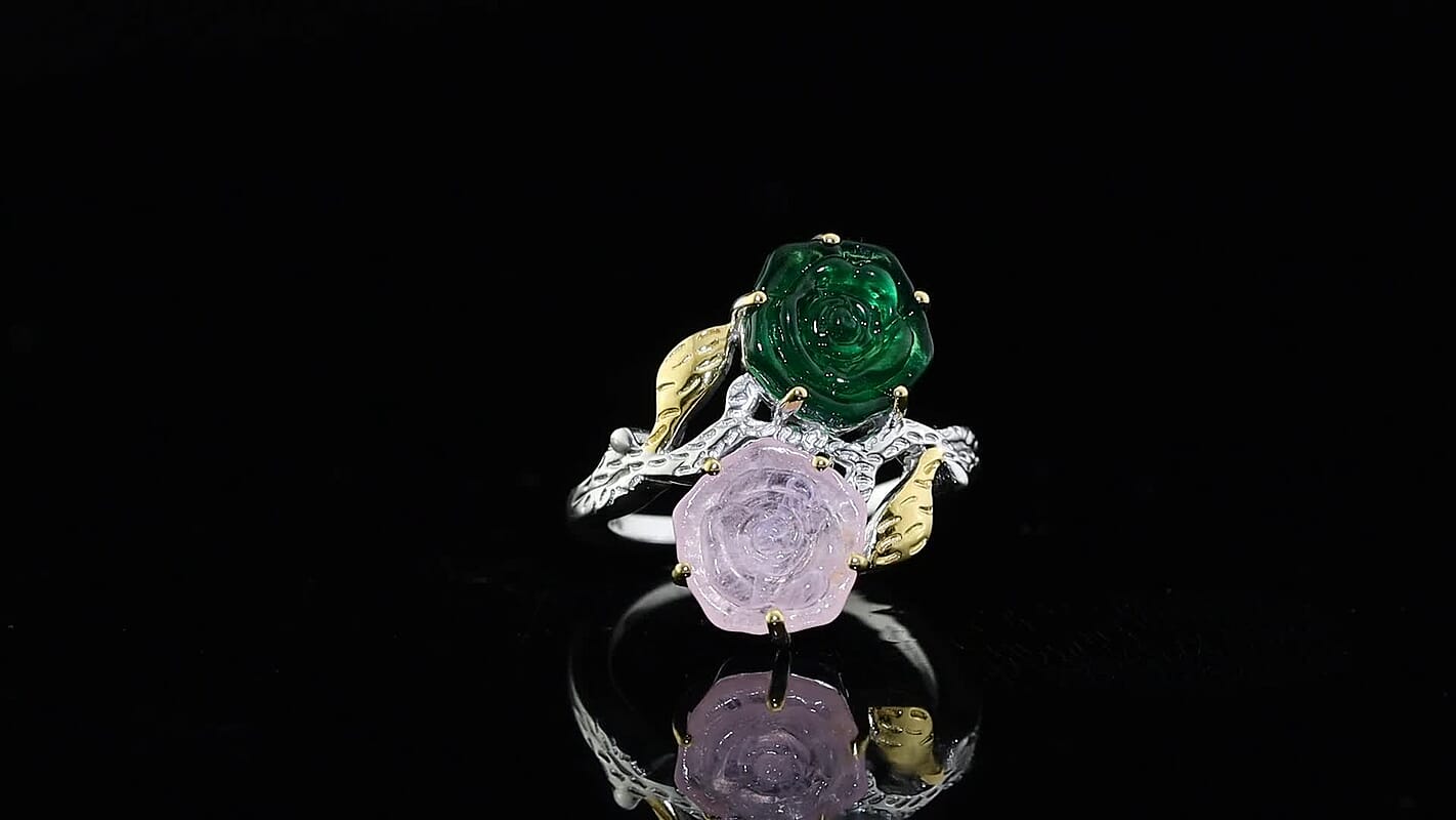 GP Pink and Green Murano Style Floral Ring in 18K Vermeil YG and Rhodium Over Sterling Silver (Size 10.0)