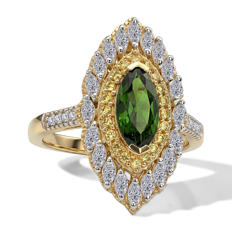 D'Joy Chrome Diopside and Multi Gemstone 1.80 ctw Regal Aura Ring in 18K Vermeil Yellow Gold Over Sterling Silver (Size 6.0)