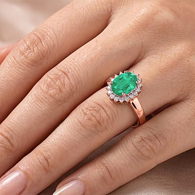 D'Joy Premium Kagem Zambian Emerald and Diamond 1.38 ctw Ring in 18K Vermeil Rose Gold Over Sterling Silver (Size 4.0)