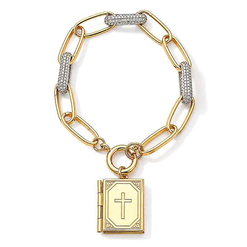 Simulated Diamond Bracelet with Bible Charm in Goldtone (7.75 In)