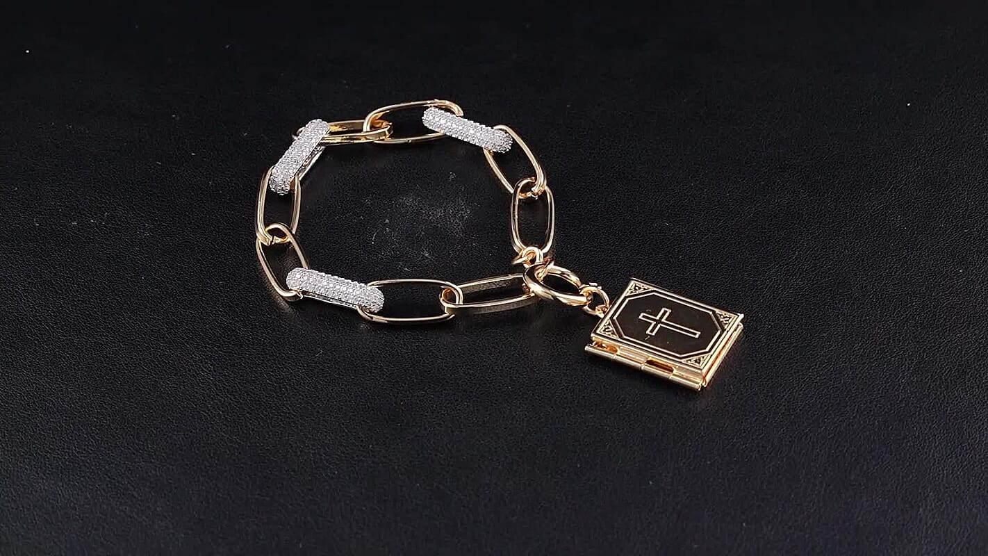 Simulated Diamond Bracelet with Bible Charm in Goldtone (7.75 In)