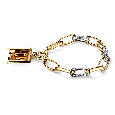 Simulated Diamond Bracelet with Bible Charm in Goldtone (7.75 In)