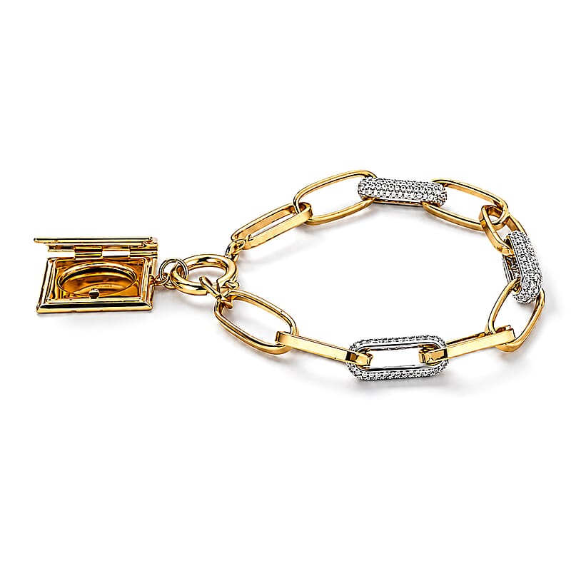 Simulated Diamond Bracelet with Bible Charm in Goldtone (7.75 In)