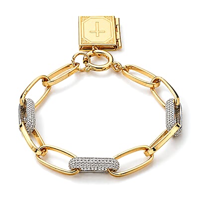 Simulated Diamond Bracelet with Bible Charm in Goldtone (7.75 In)