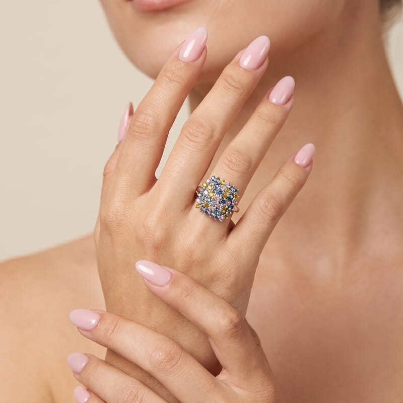 Luxuriant Lab Grown Multi Diamond (IR) (SI) 2.00 ctw Color Carnival Ring in Rhodium Over Sterling Silver (Size 6.0)