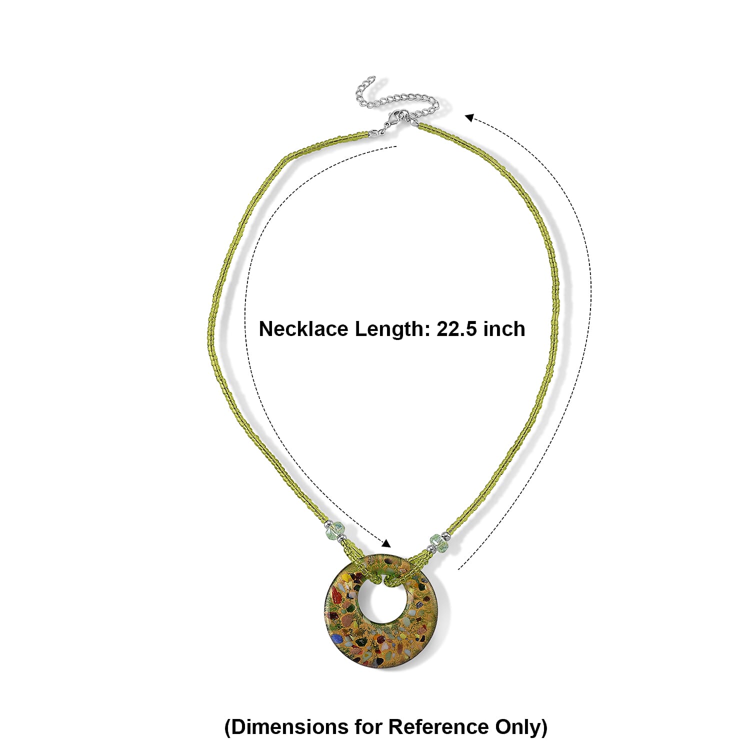 Multi Color Murano Style, Green Glass Circular Necklace (22.25-23.5 Inches) in Stainless Steel