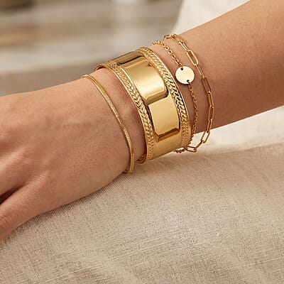 Textured Wide Cuff Bracelet in ION Plated YG Stainless Steel (7.0 In)