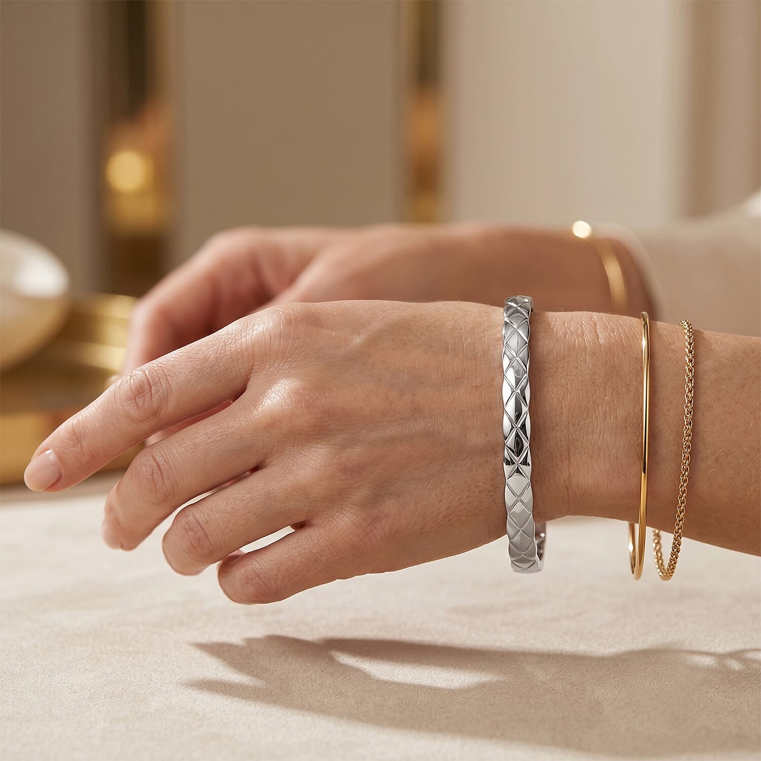 Geometric Pattern Bangle Bracelet in Stainless Steel (7.0 In)