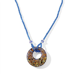 Multi Color Murano Style, Blue Glass Circular Necklace (22.25-23.5 Inches) in Stainless Steel