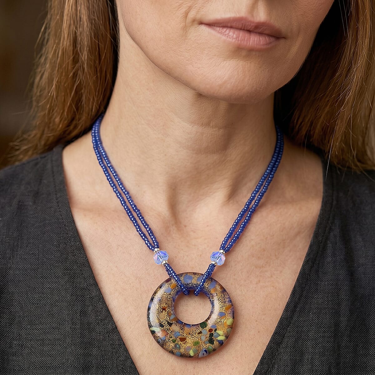 Multi Color Murano Style, Blue Glass Circular Necklace (22.25-23.5 Inches) in Stainless Steel image number 1
