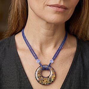 Multi Color Murano Style, Blue Glass Circular Necklace (22.25-23.5 Inches) in Stainless Steel