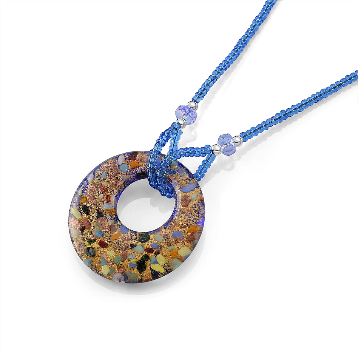 Multi Color Murano Style, Blue Glass Circular Necklace (22.25-23.5 Inches) in Stainless Steel image number 3