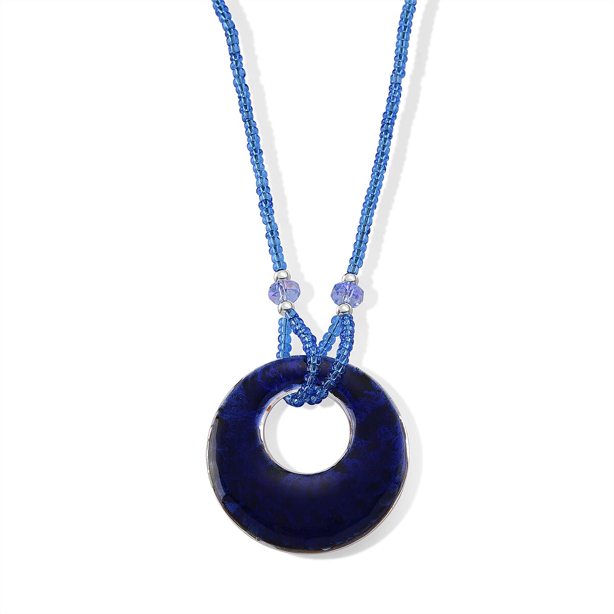 Multi Color Murano Style, Blue Glass Circular Necklace (22.25-23.5 Inches) in Stainless Steel image number 4