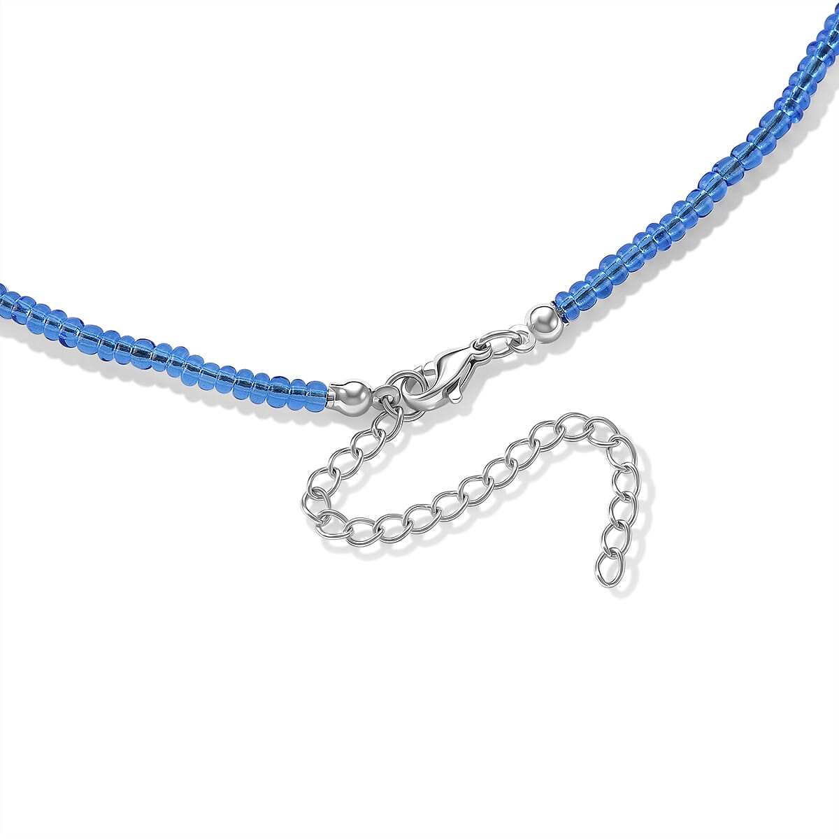 Multi Color Murano Style, Blue Glass Circular Necklace (22.25-23.5 Inches) in Stainless Steel image number 5