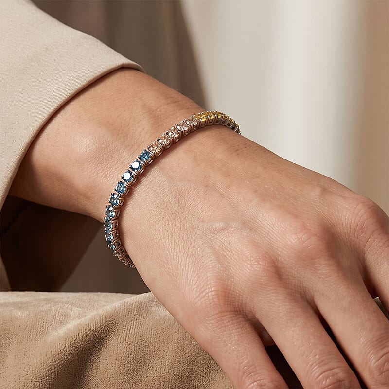 Luxuriant Lab Grown Multi Diamond (IR) SI 4.00 ctw Rainbow Rhythm Bracelet in Rhodium Over Sterling Silver (6.50 In)
