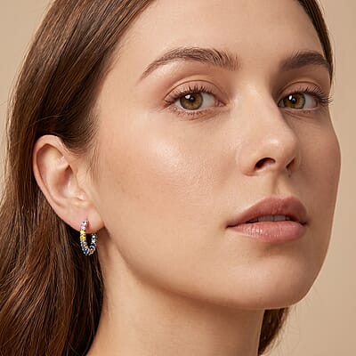 Luxuriant Lab Grown Multi Diamond (IR) (SI) 2.00 ctw Rainbow Rhythm Hoop Earrings in Rhodium Over Sterling Silver