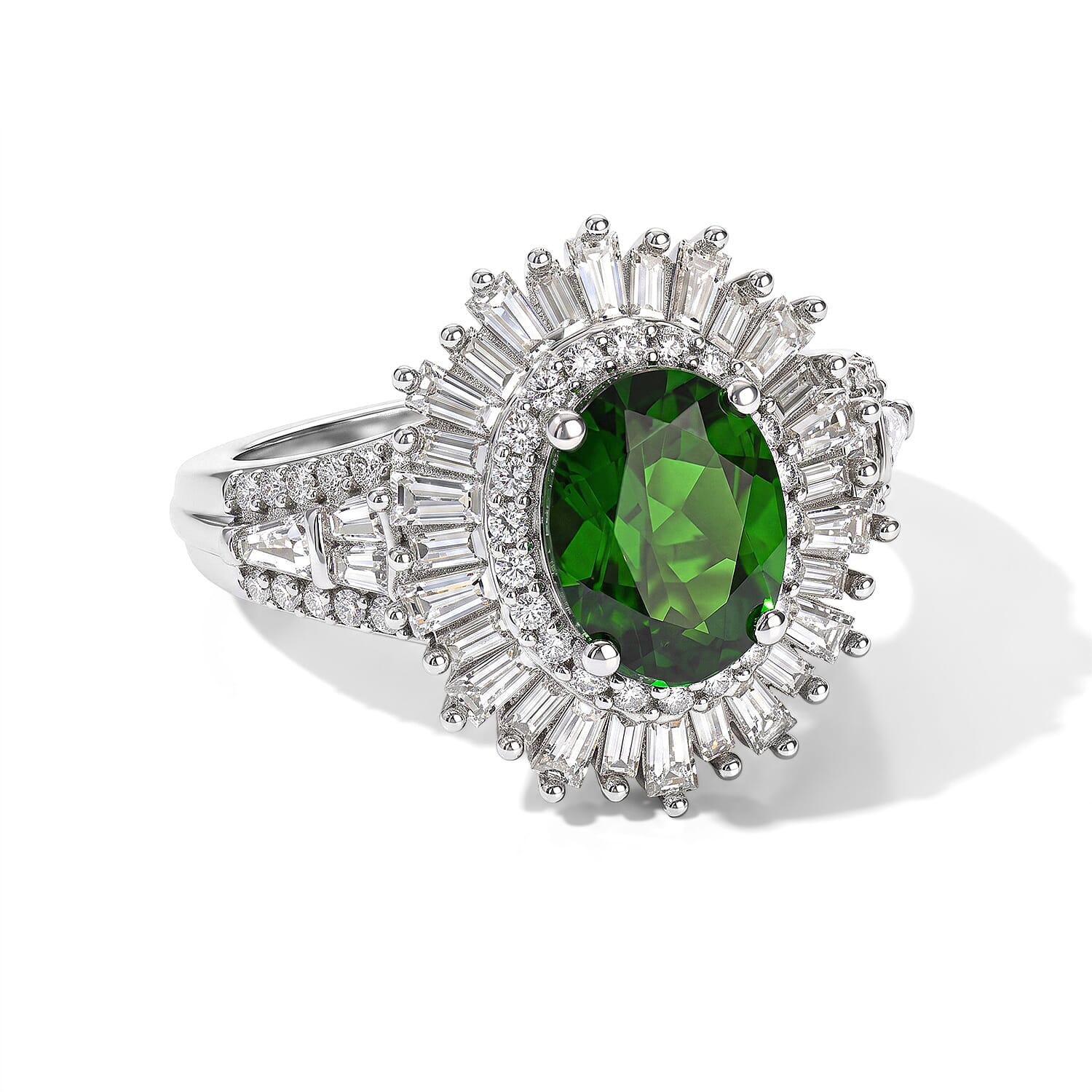 D'Joy Premium Chrome Diopside and Moissanite 3.10 ctw Sunburst Halo Ring in Rhodium Over Sterling Silver (Size 10.0)