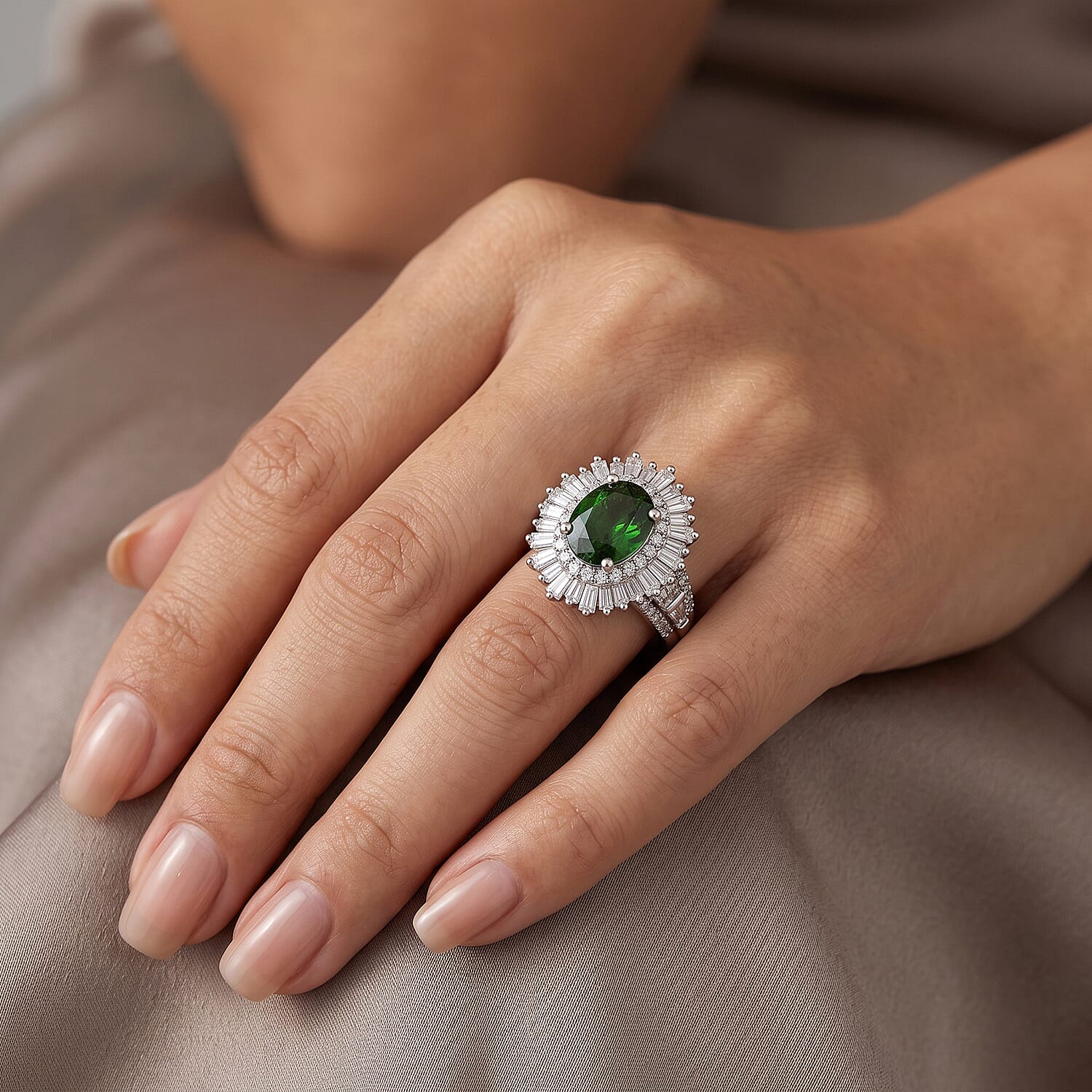 D'Joy Premium Chrome Diopside and Moissanite 3.10 ctw Sunburst Halo Ring in Rhodium Over Sterling Silver (Size 10.0)