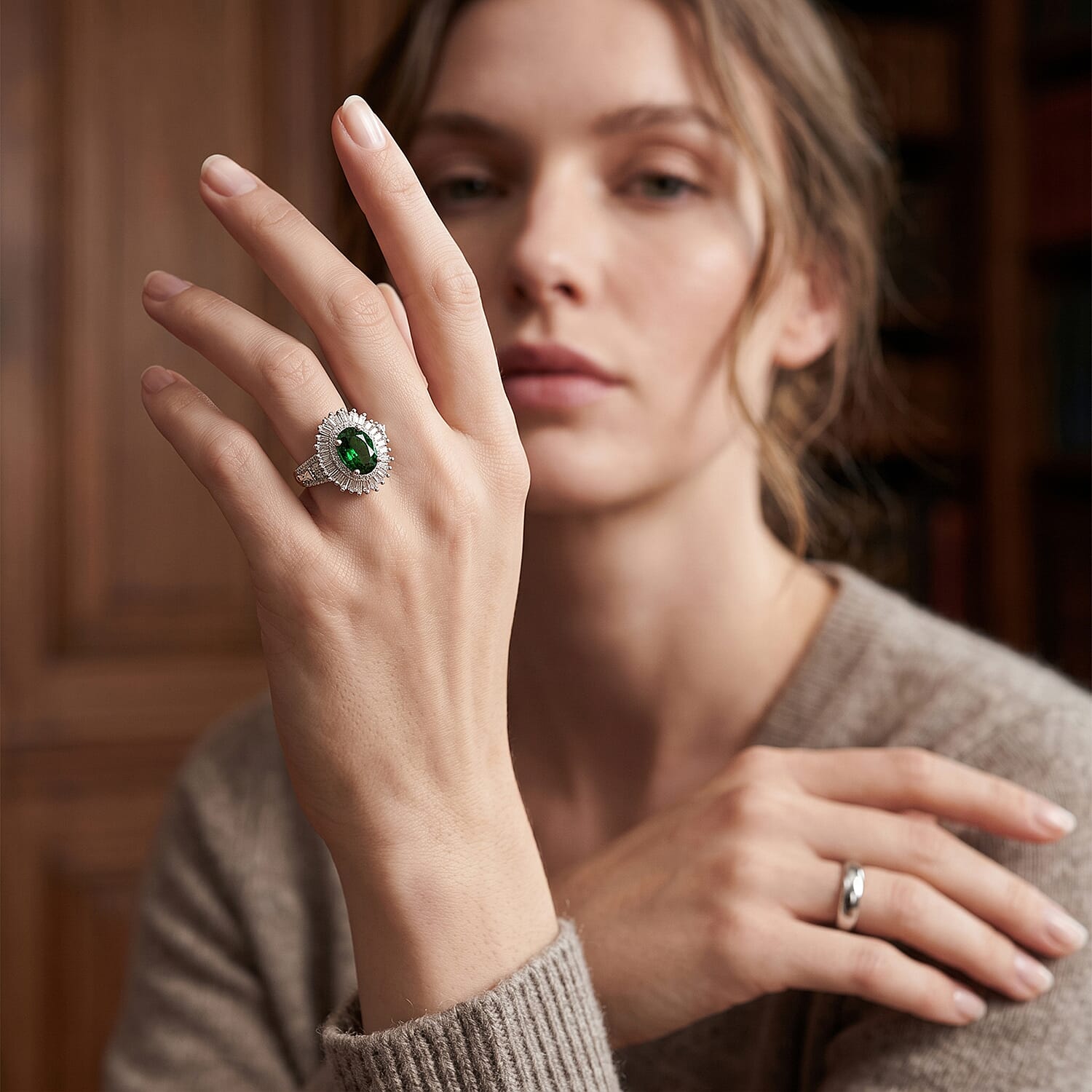 D'Joy Premium Chrome Diopside and Moissanite 3.10 ctw Sunburst Halo Ring in Rhodium Over Sterling Silver (Size 10.0)