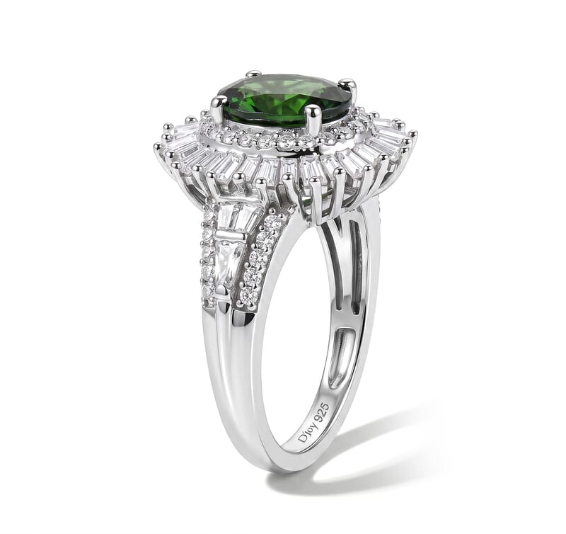 D'Joy Premium Chrome Diopside and Moissanite 3.10 ctw Sunburst Halo Ring in Rhodium Over Sterling Silver (Size 10.0)
