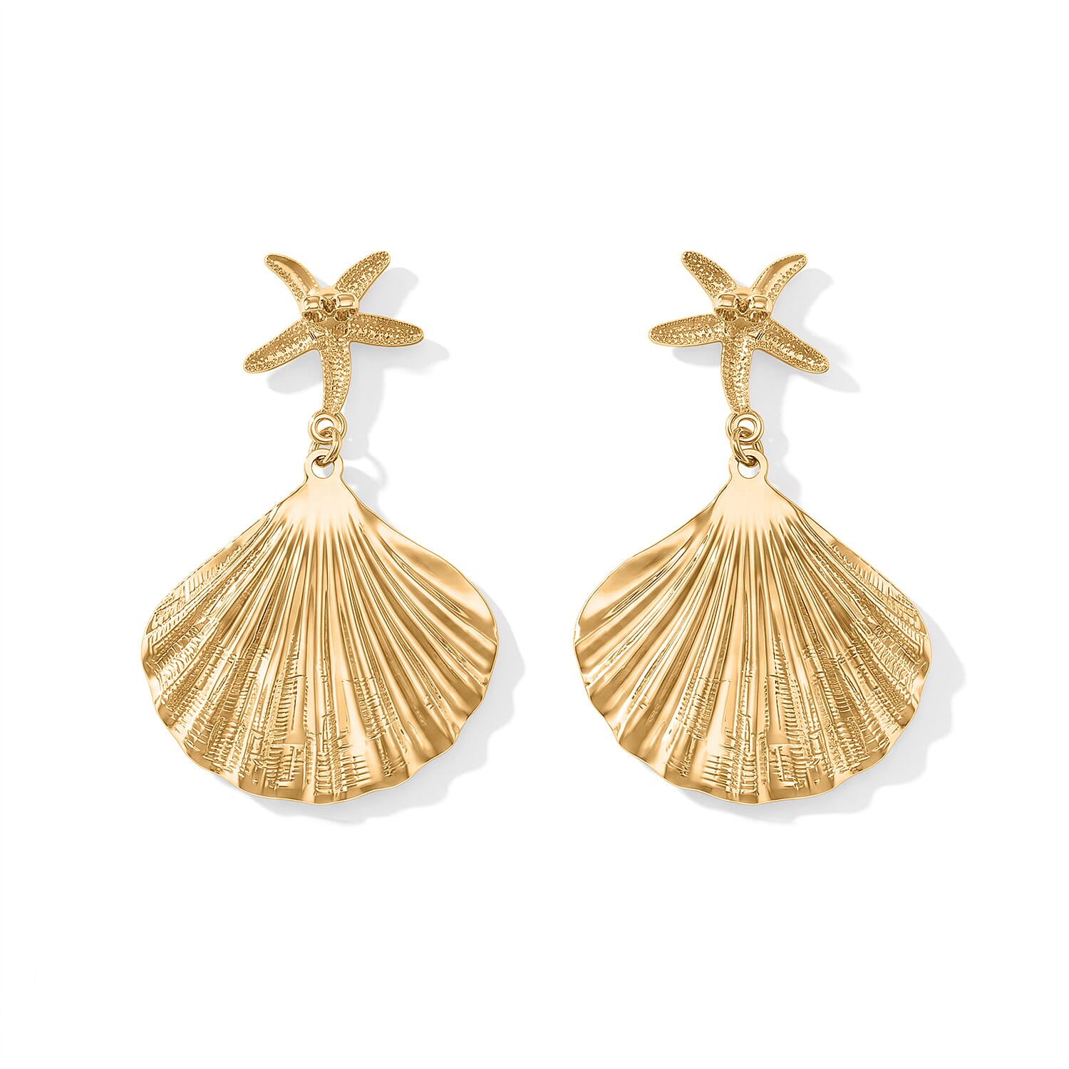 Starfish and Shell Drop Earrings in ION Plated YG Stainless Steel