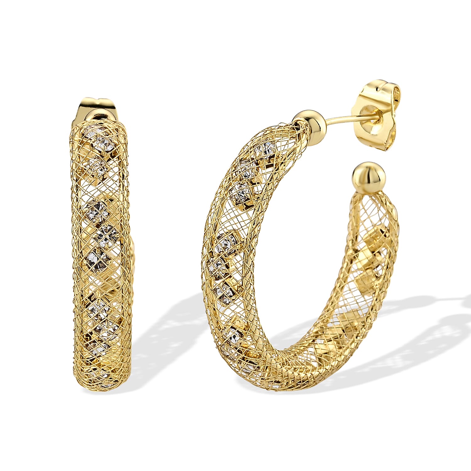 Simulated Diamond Twisted Mesh Hoop Earring in Goldtone