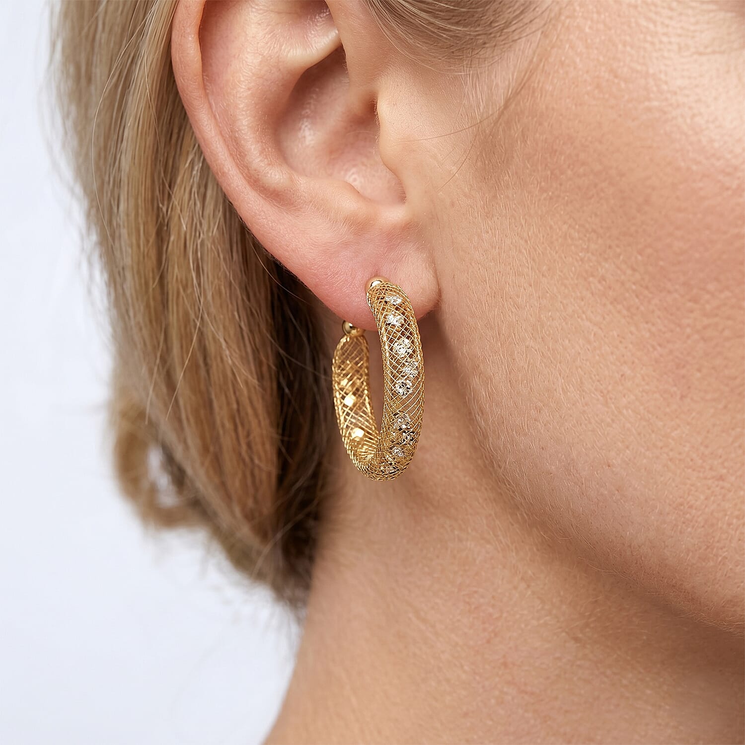 Simulated Diamond Twisted Mesh Hoop Earring in Goldtone