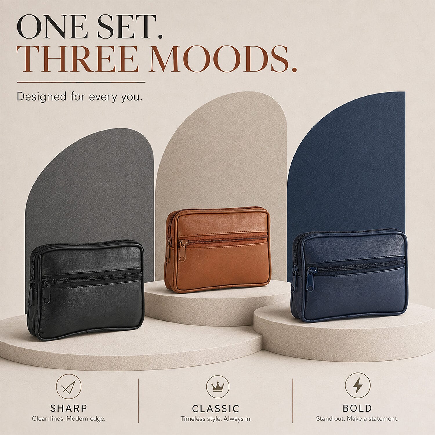Set of 3 Black, Navy and Tan 100% Genuine Leather Pouch
