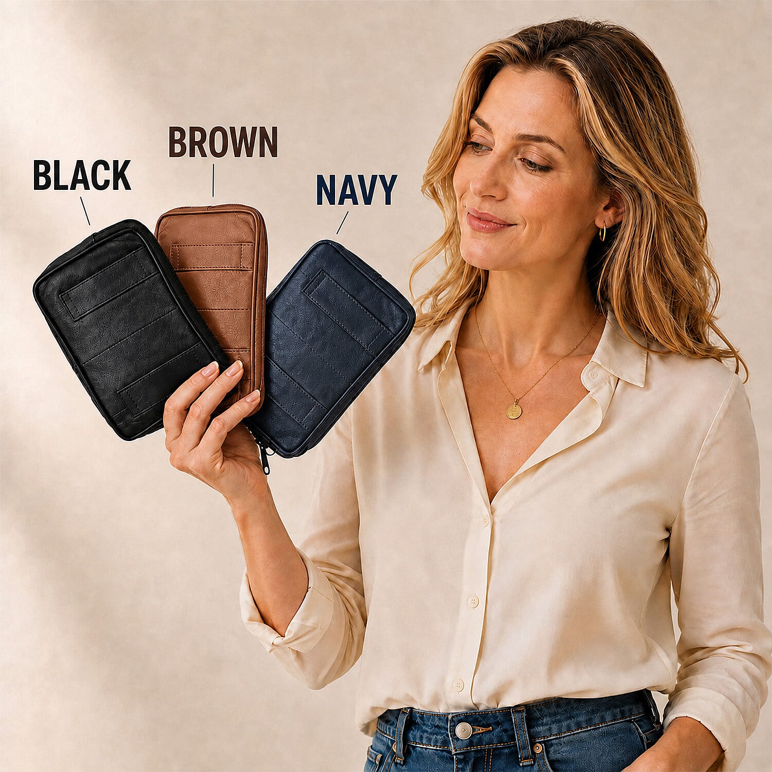 Set of 3 Black, Navy and Tan 100% Genuine Leather Pouch