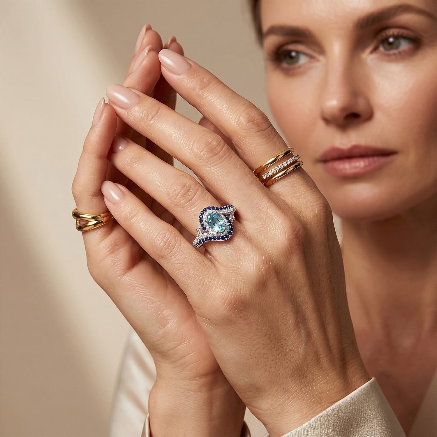 D'Joy Premium Betroka Blue Apatite, Multi Gemstone Ring in Rhodium Over Sterling Silver (Size 5.0) 1.50 ctw