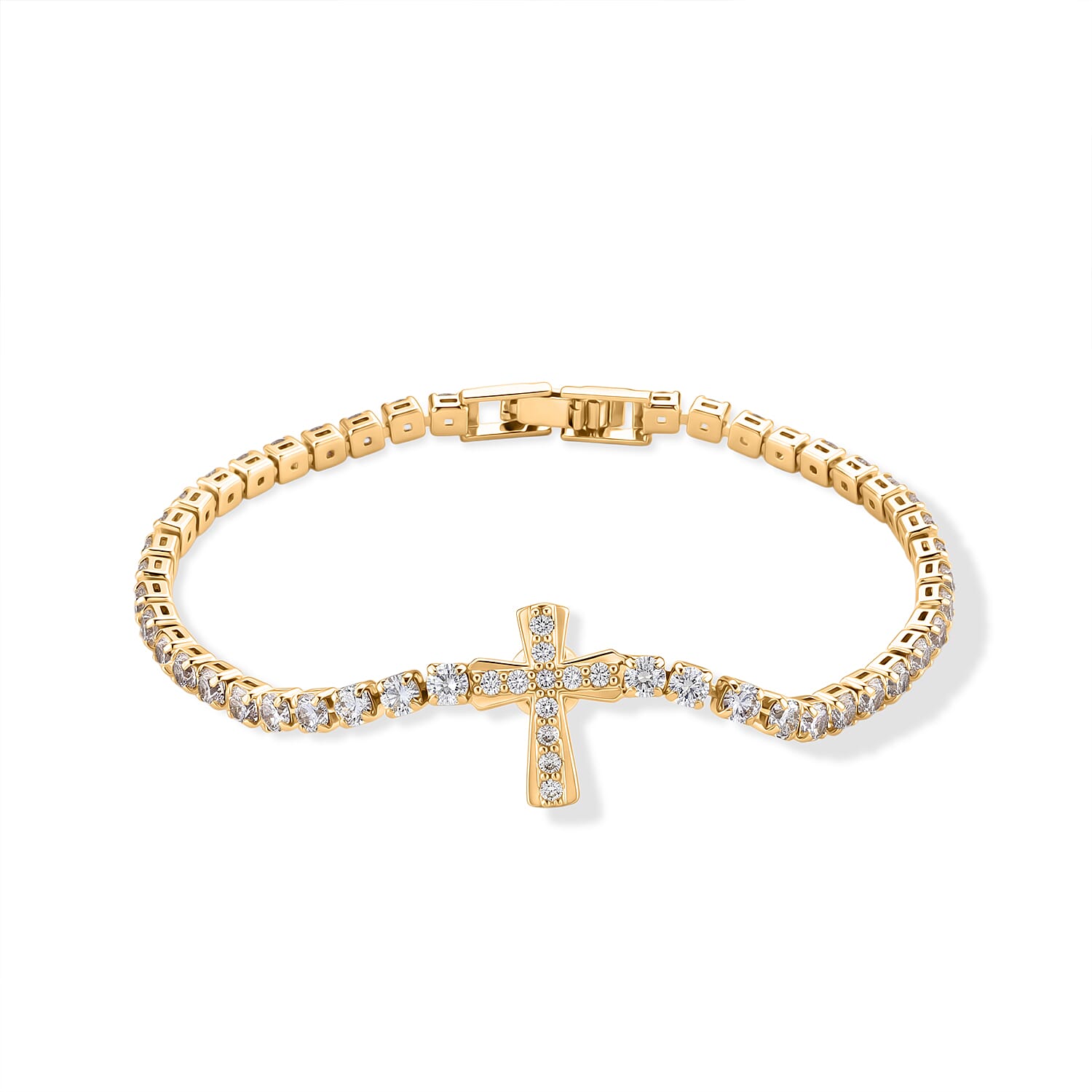 Simulated Diamond Cross Tennis Bracelet in Goldtone (7.25 In)