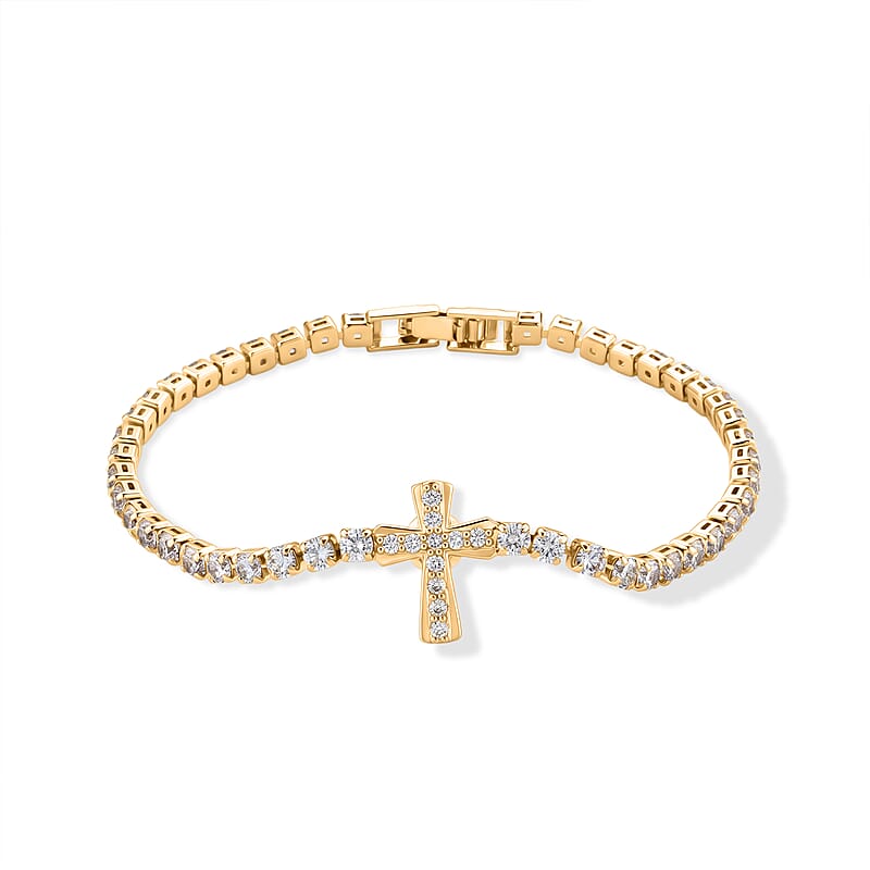Simulated Diamond Cross Tennis Bracelet in Goldtone (7.25 In)