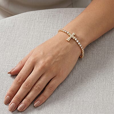 Simulated Diamond Cross Tennis Bracelet in Goldtone (7.25 In)