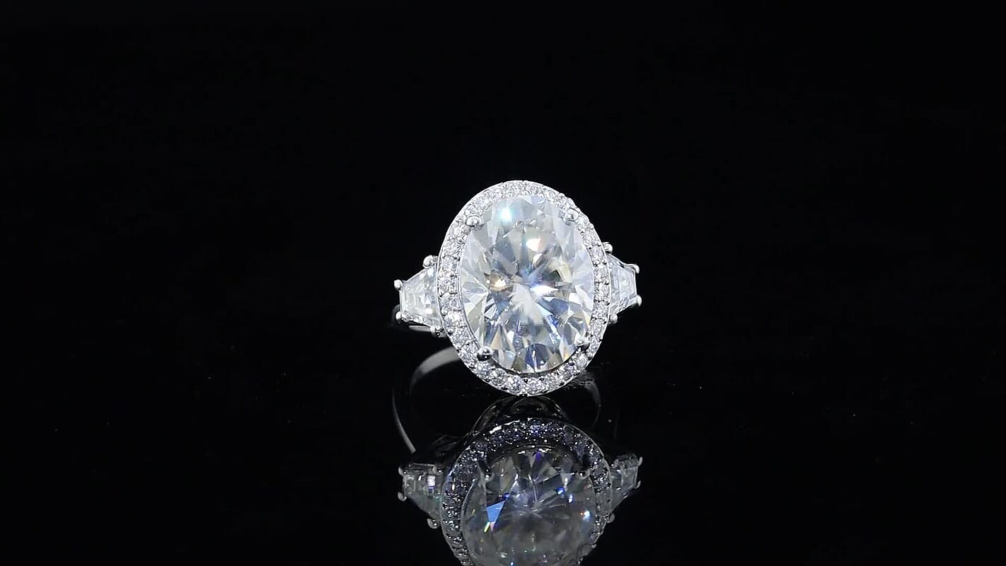 D'Joy Moissanite (Ovl 16x12mm) Halo Ring in Rhodium Over Sterling Silver (Size 10.0) 10.70 ctw