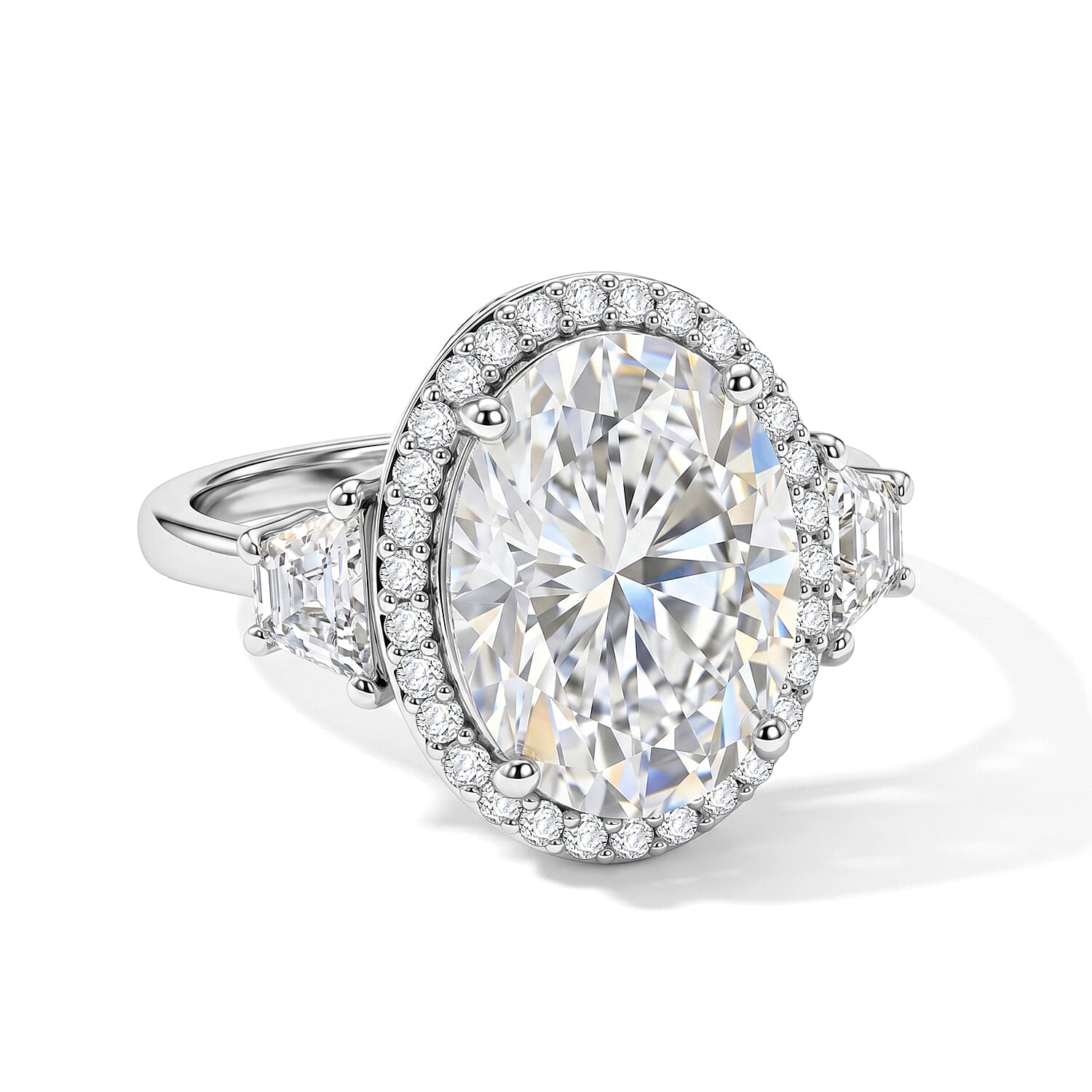 D'Joy Moissanite (Ovl 16x12mm) Halo Ring in Rhodium Over Sterling Silver (Size 10.0) 10.70 ctw
