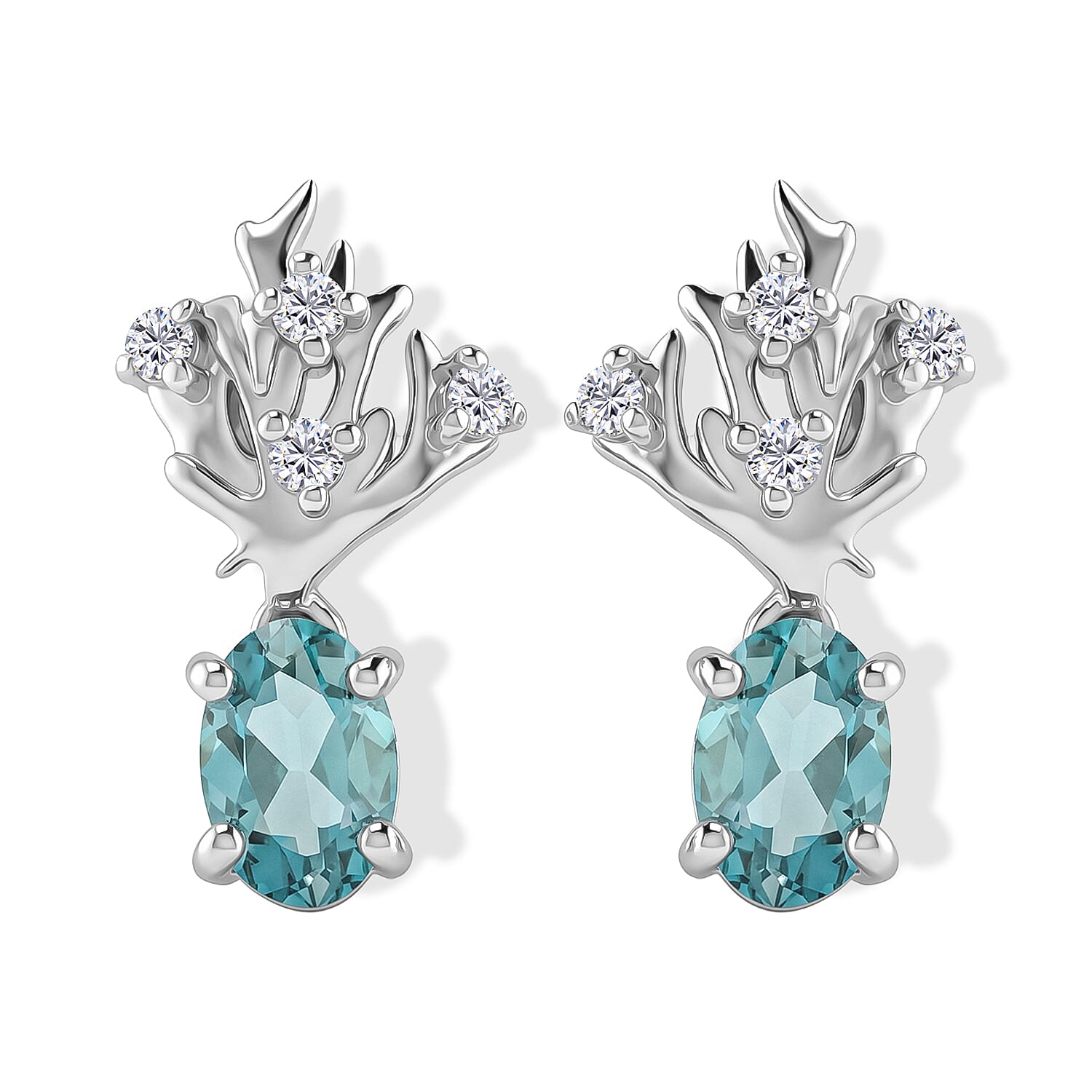 D'Joy Premium Betroka Blue Apatite and Moissanite 0.90 ctw Majestic Reef Earrings in Rhodium Over Sterling Silver