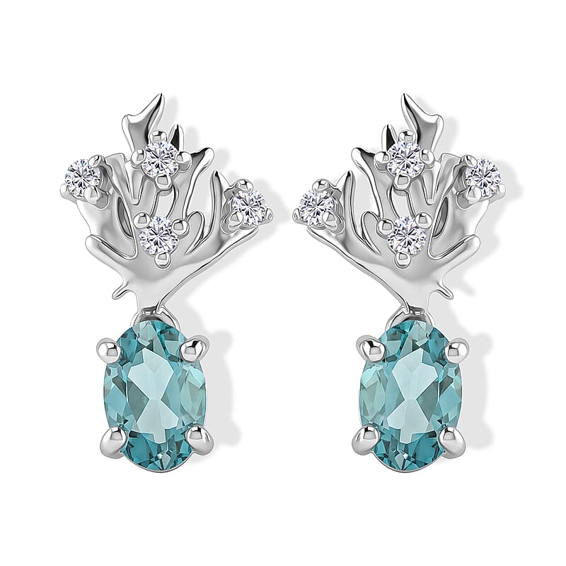 D'Joy Premium Betroka Blue Apatite and Moissanite 0.90 ctw Majestic Reef Earrings in Rhodium Over Sterling Silver