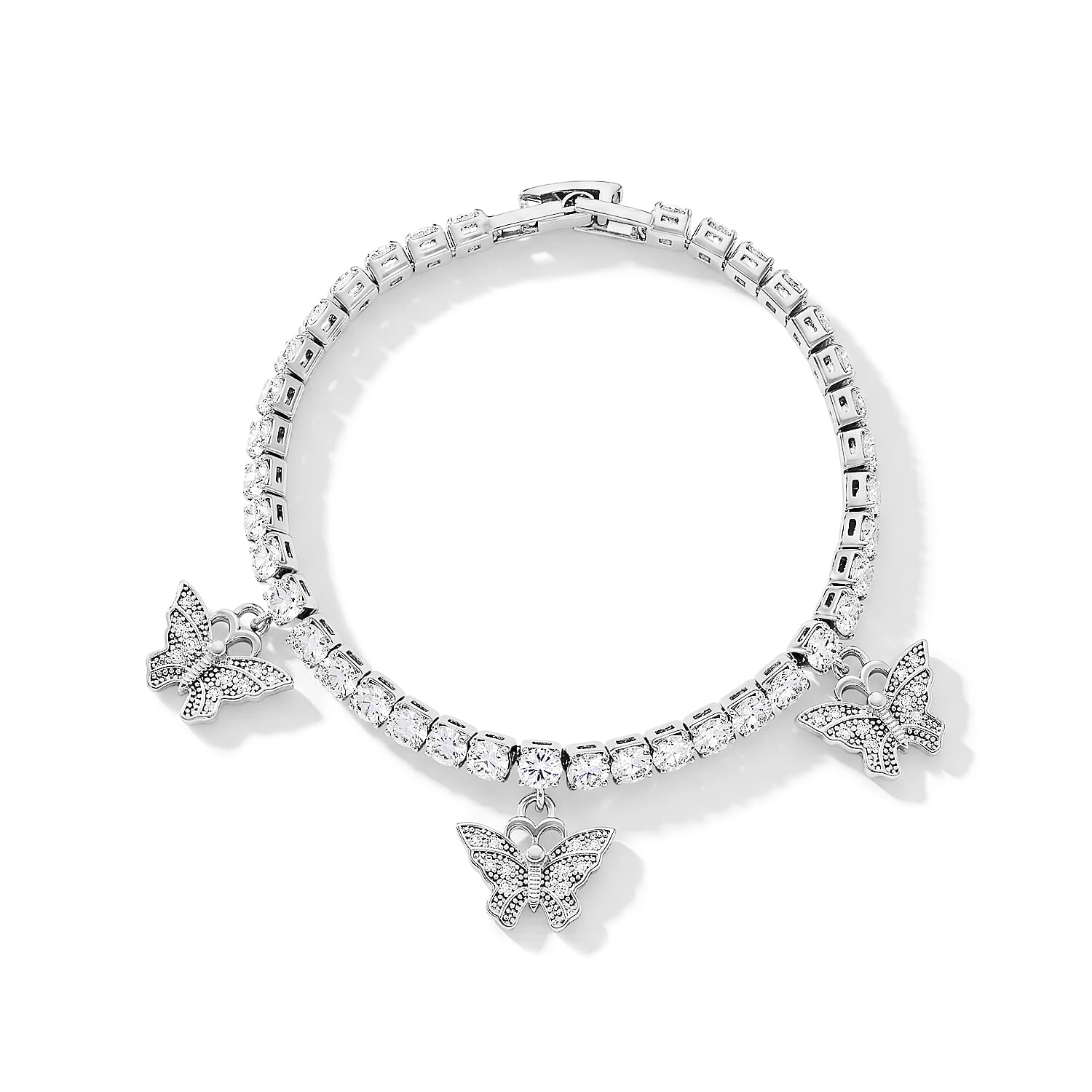 Simulated Diamond Tennis Bracelet with Hamsa Charms in Silvertone (7.25 In)