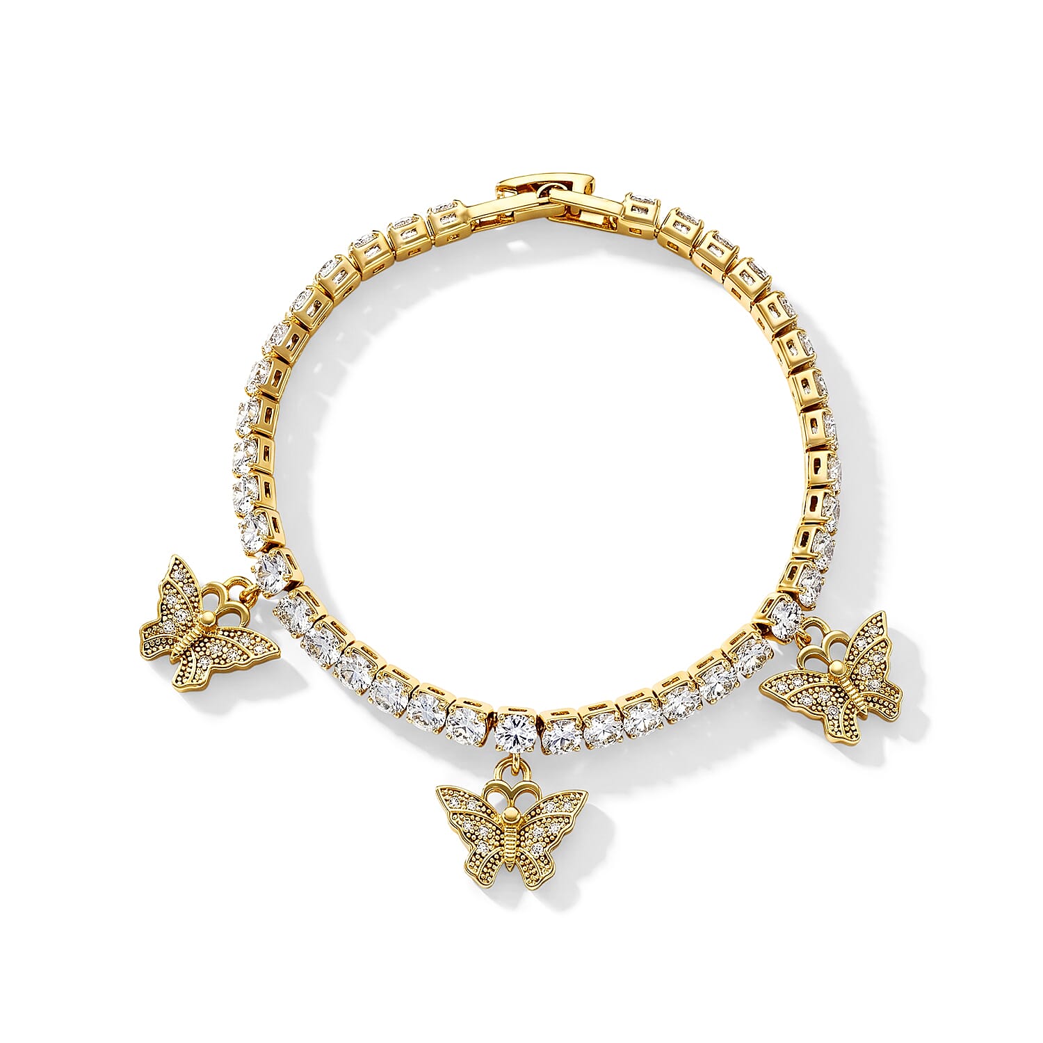 Simulated Diamond Tennis Bracelet with Butterfly Charms in Goldtone (7.00 In)