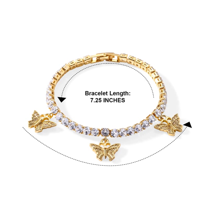 Simulated Diamond Tennis Bracelet with Butterfly Charms in Goldtone (7.00 In)