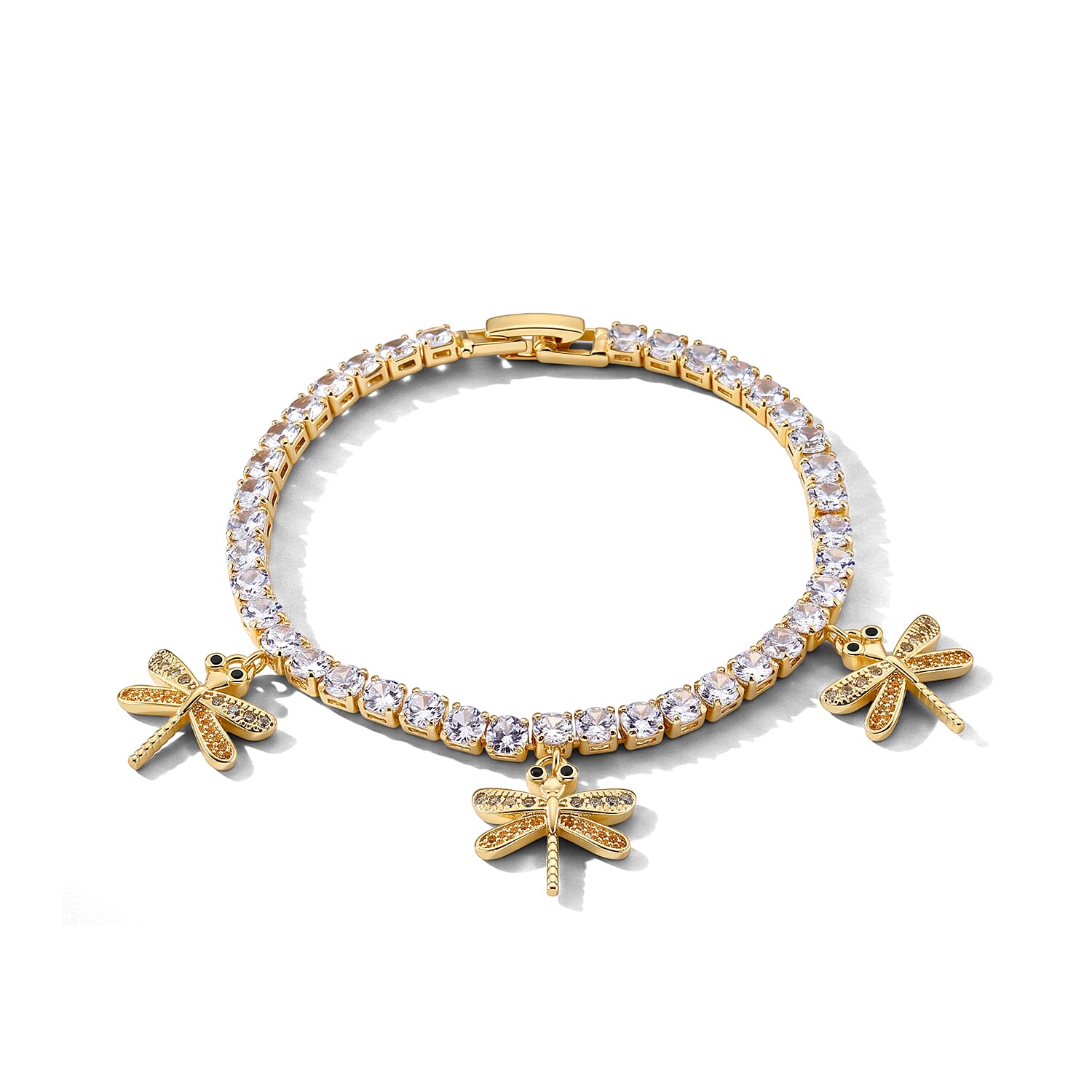 Simulated Black and White Diamond Tennis Bracelet with Dragonfly Charms in Goldtone (7.25 In)