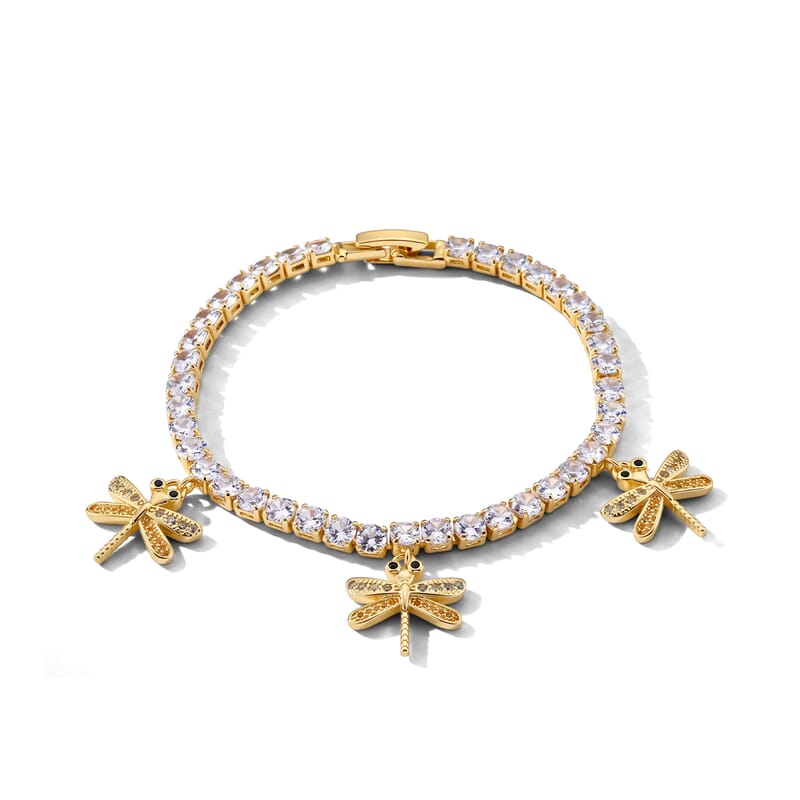 Simulated Black and White Diamond Tennis Bracelet with Dragonfly Charms in Goldtone (7.25 In)