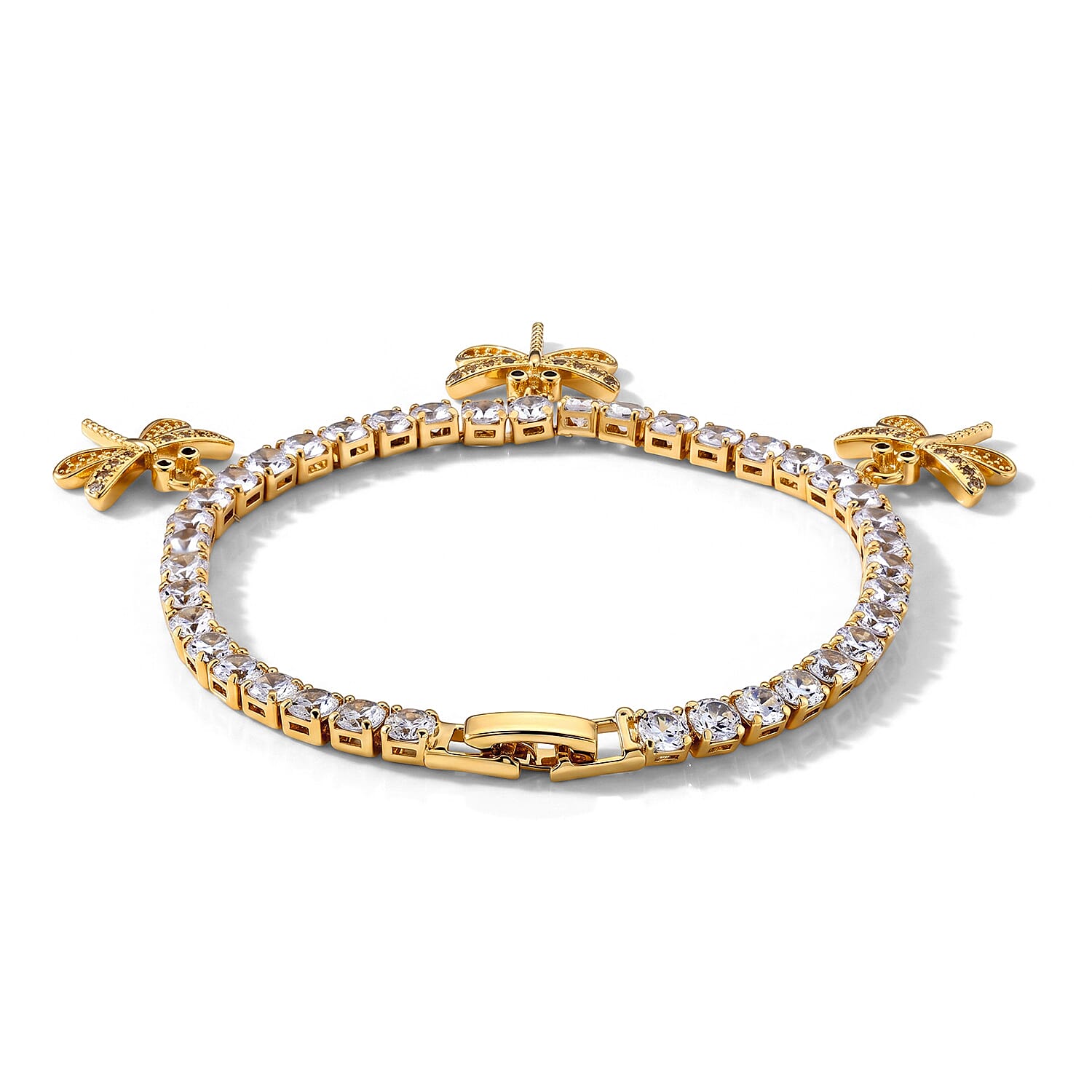 Simulated Black and White Diamond Tennis Bracelet with Dragonfly Charms in Goldtone (7.25 In)