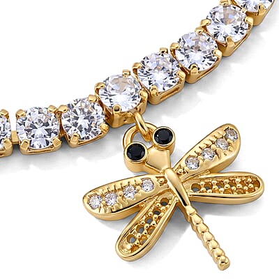 Simulated Black and White Diamond Tennis Bracelet with Dragonfly Charms in Goldtone (7.25 In)