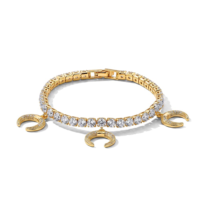 Simulated Diamond Tennis Bracelet with Crescent Moon Charms in Goldtone (7.00 In)