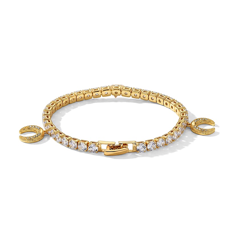 Simulated Diamond Tennis Bracelet with Crescent Moon Charms in Goldtone (7.00 In)