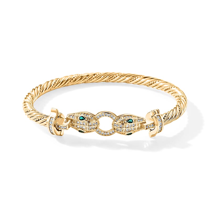 Simulated White and Green Diamond Twisted Rope Bangle Bracelet in Goldtone (7.00 In)