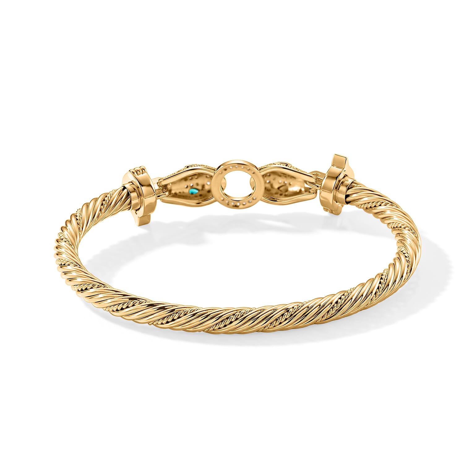 Simulated White and Green Diamond Twisted Rope Bangle Bracelet in Goldtone (7.00 In)