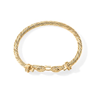 Simulated White and Green Diamond Twisted Rope Bangle Bracelet in Goldtone (7.00 In)